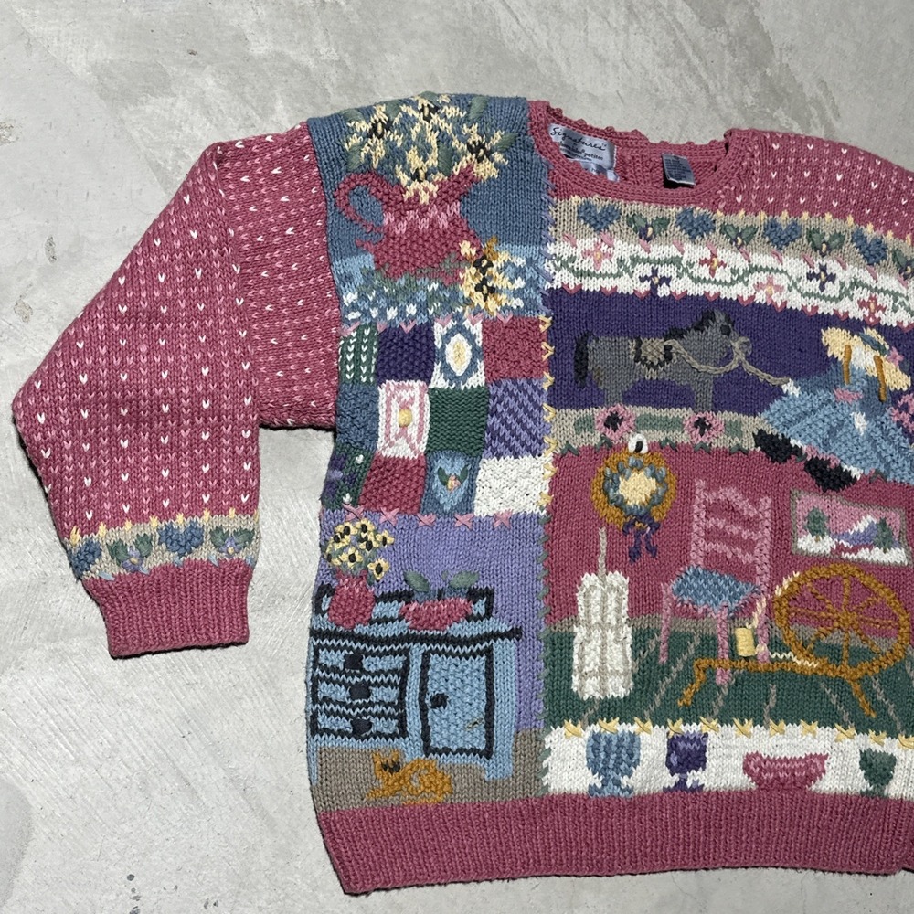 Vintage Hand Knitted Cardigan Sweater SZ L Cottagecore Antiques Farm House Pink - Picture 3 of 13